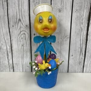 Vtg Easter Duck Chick In Basket Flocked Chicks Eggs Flowers Decor Hong Kong